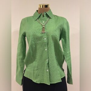 Talbots Green. Button Down Collar Long Sleeves. Pearl Buttons Sz XS 100% Linen.